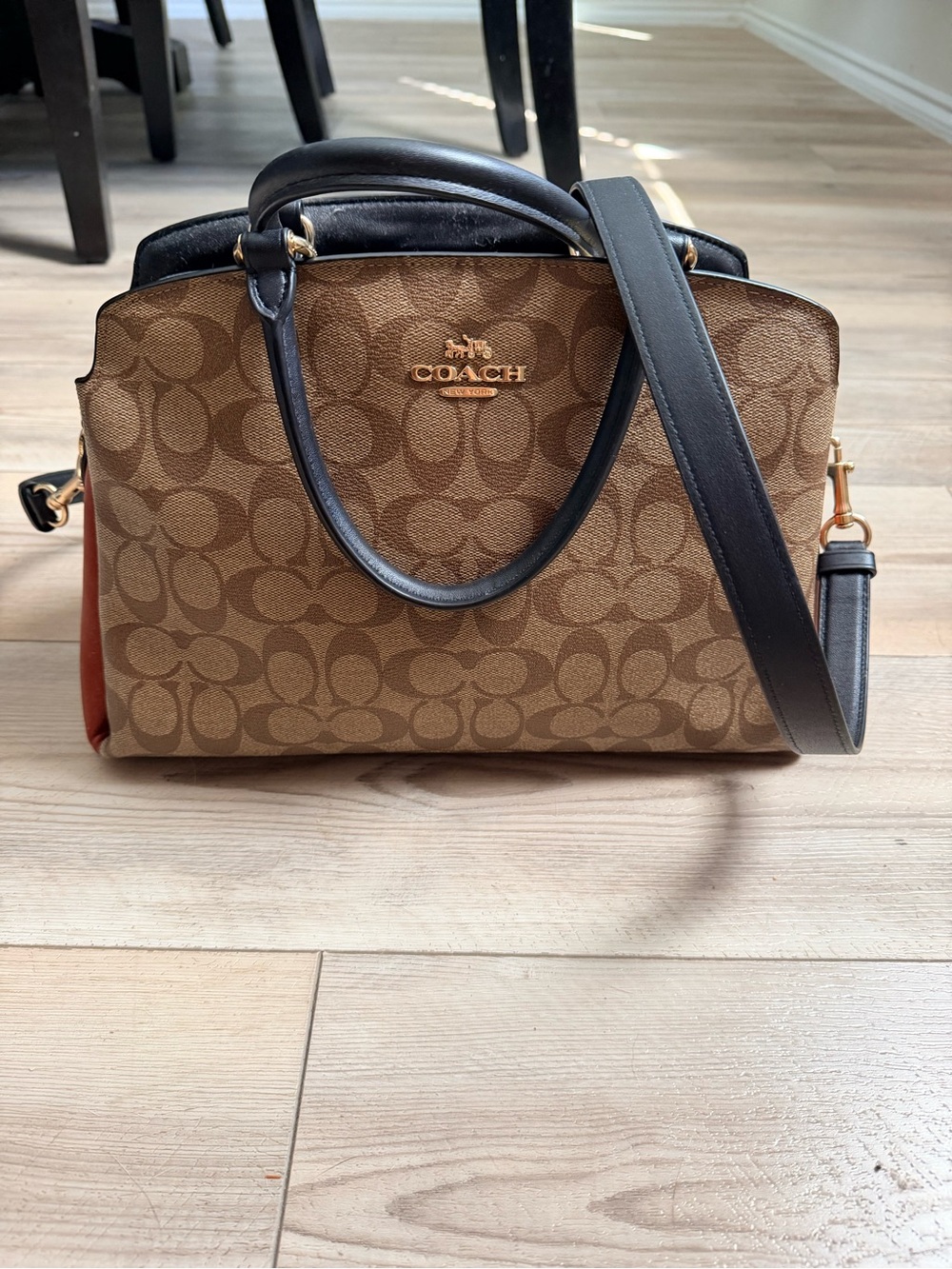COACH Brown Signature Canvas Satchel with Black Trim and Tan Accents